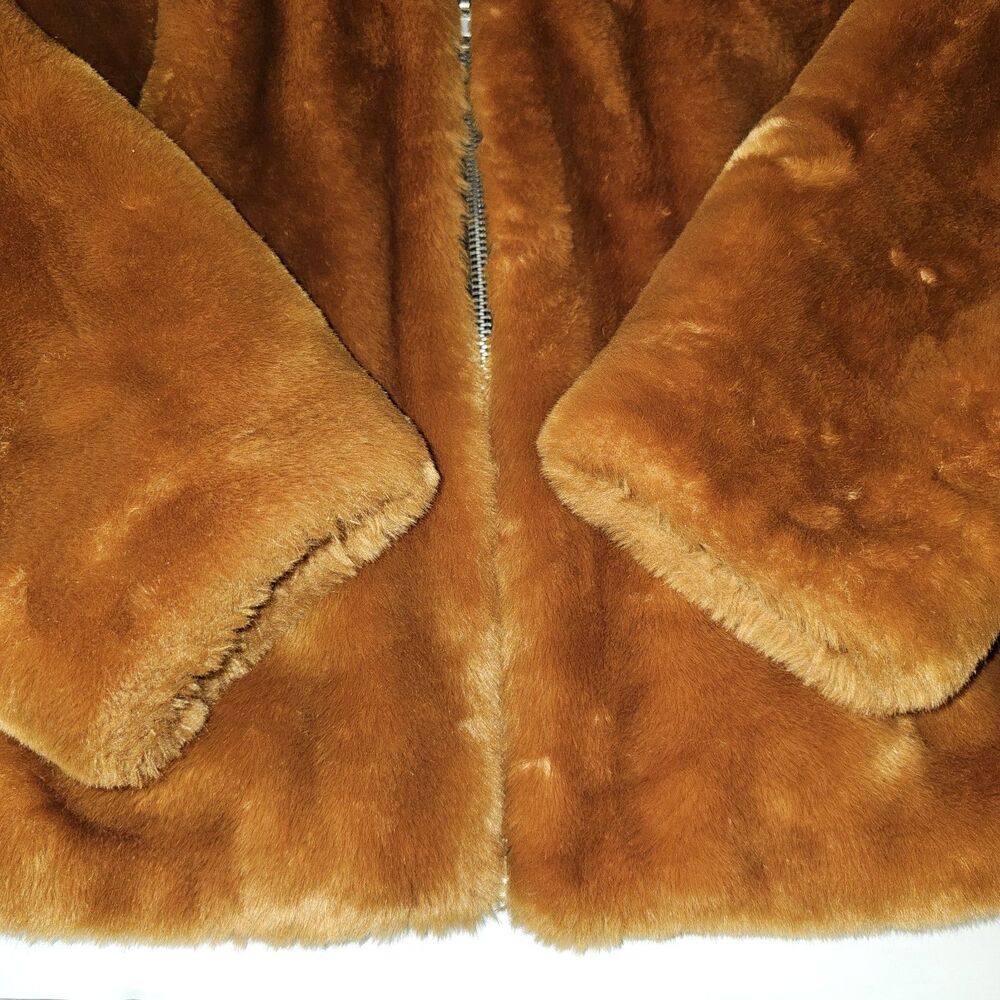 Free People Furry Bomber Jacket Brown/ Orange Zip Up Cozy XS - Picture 7 of 15